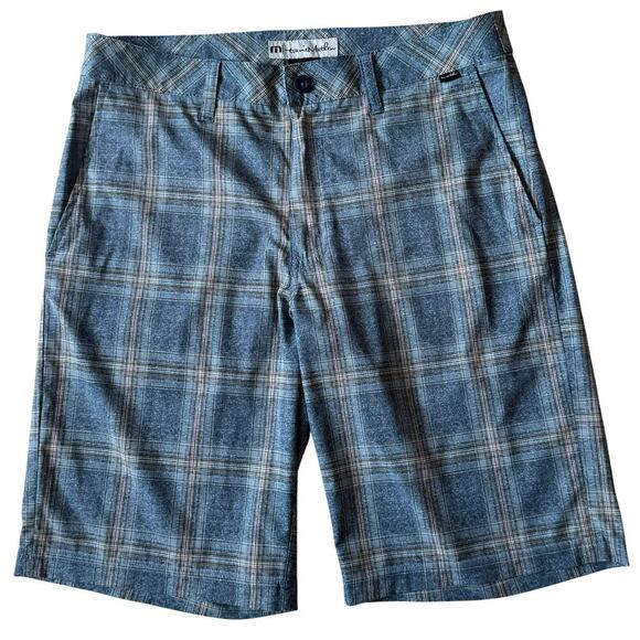 Travis Mathew Hybrid Blue Plaid Golf Performance 11" inseam SZ 32 - Picture 1 of 6